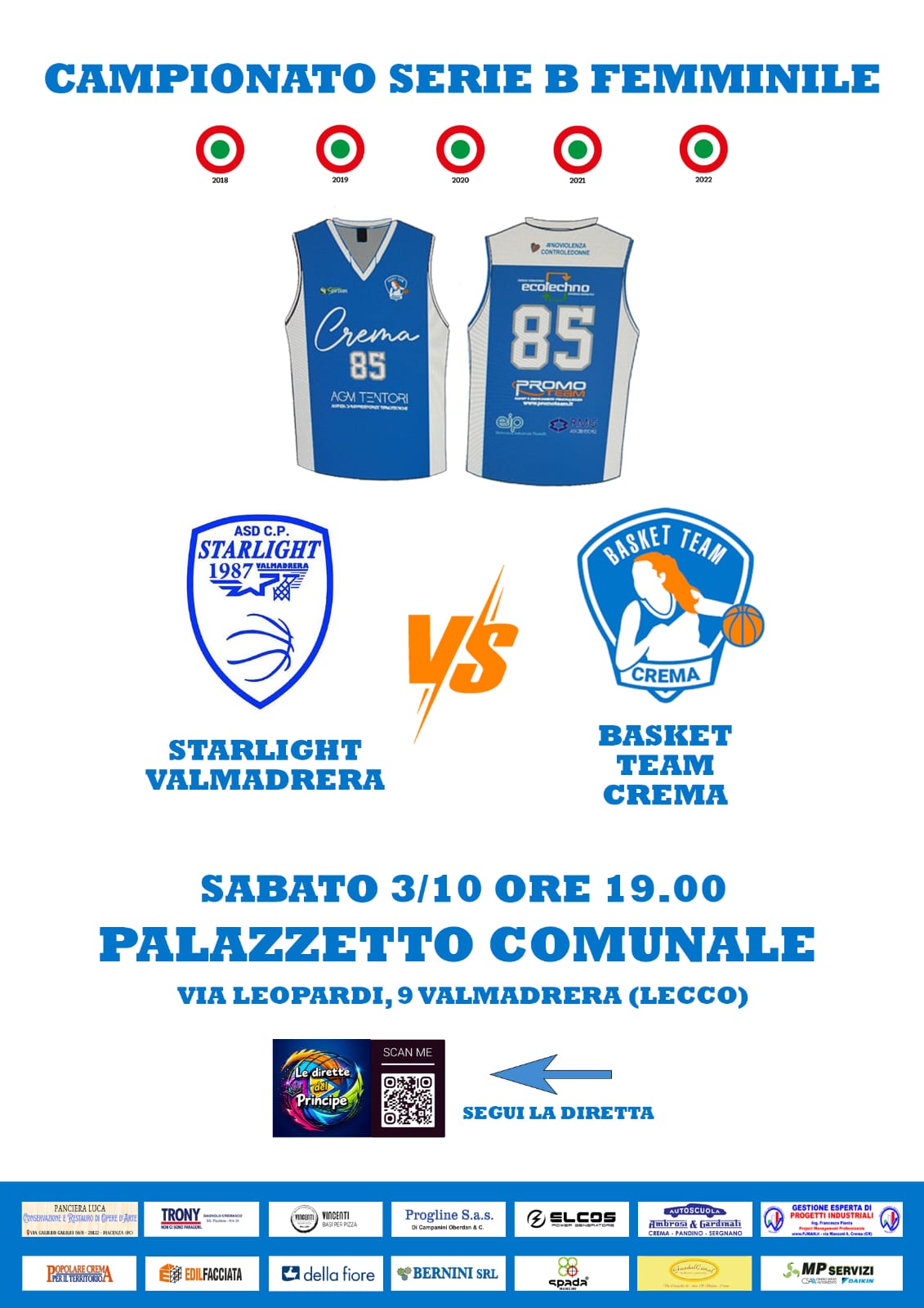 Starlight Valmadrera - Basket Team Crema - Sabato 03/10/2026 - Ore 19.00 - Palazzetto comunale di Valmadreara